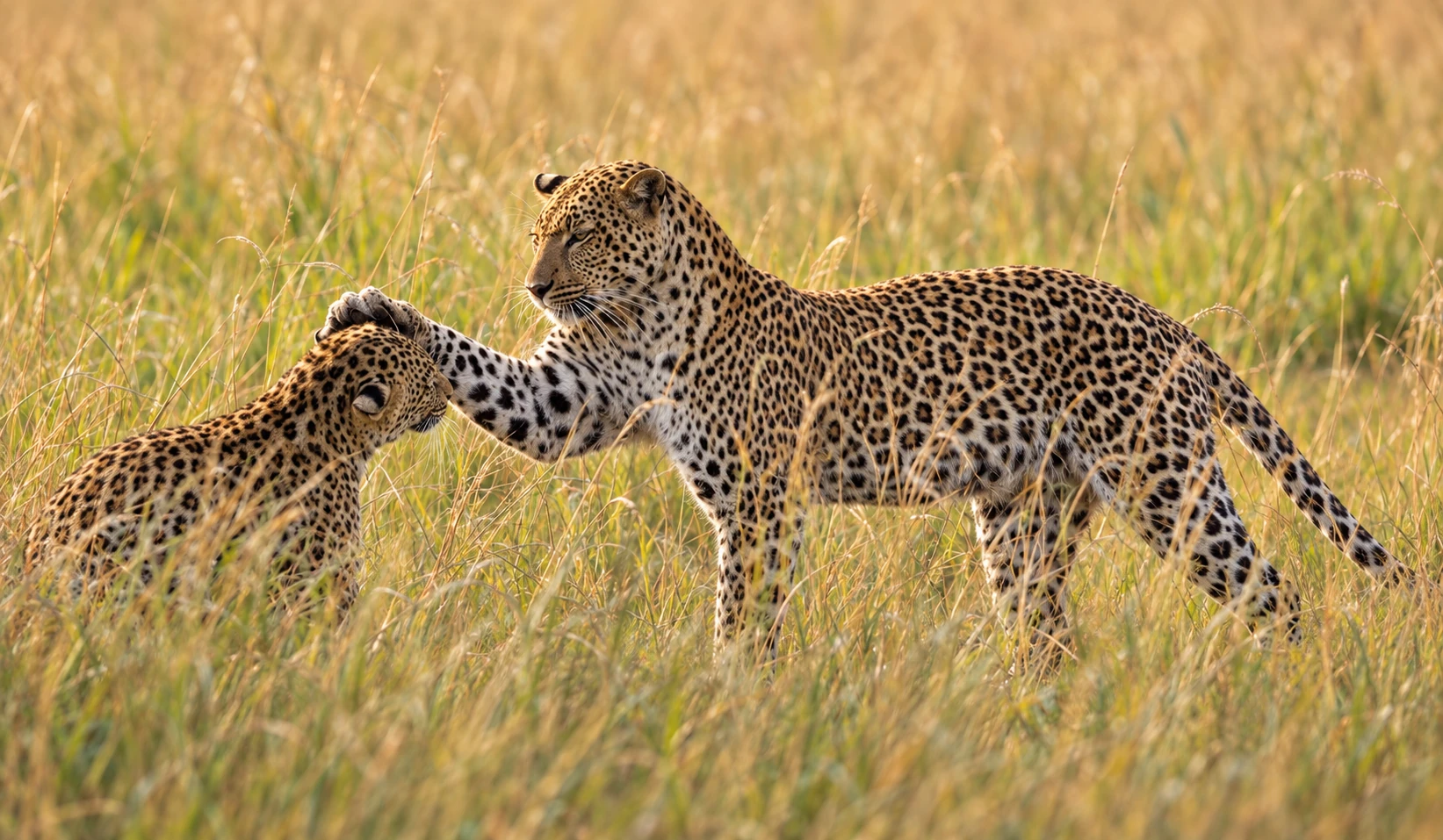 Two leopards together in golden savanna grass