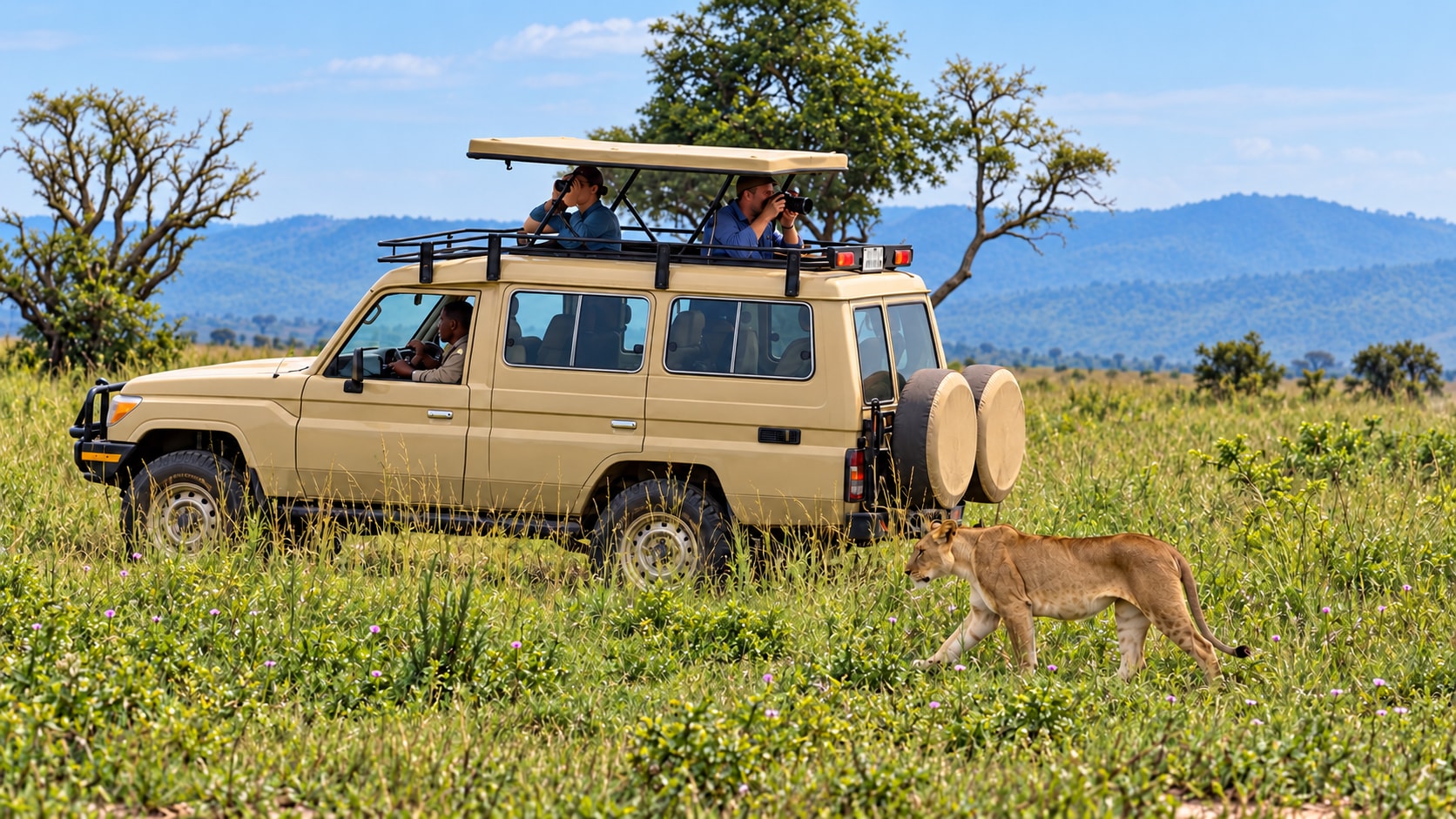 A lioness walking beside a beige pop-up-roof safari Land Cruiser, with travellers photographing wildlife in Murchison Falls National Park