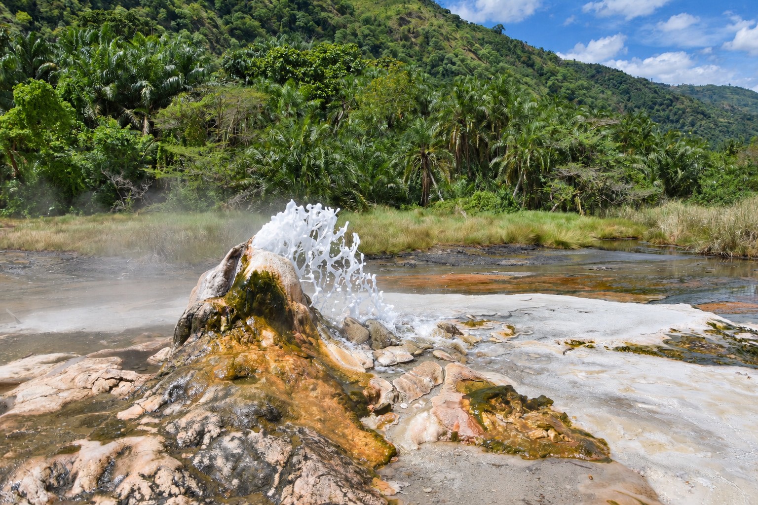 Hot spring spraying water above mineral deposits, with forested hills behind